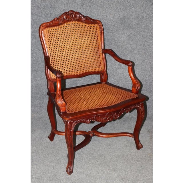 Pair Louis XVI Style Cane Back Armchairs With Carved Stretcher Bases For Sale - Image 4 of 15