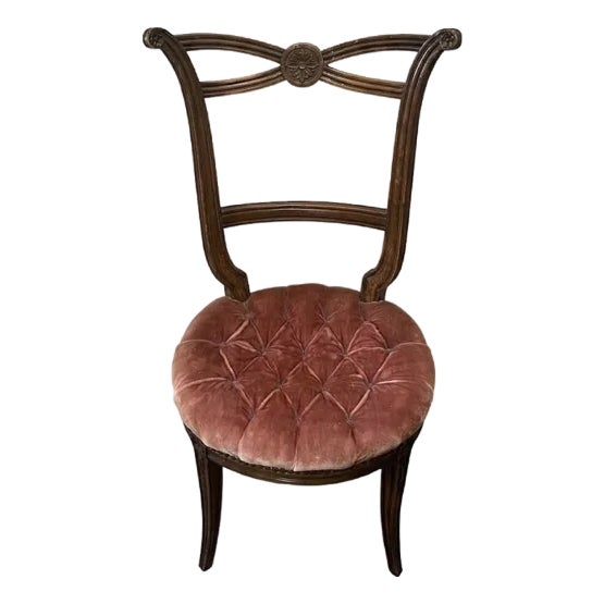 Vintage Italian Neoclassical Revival Side Chair, Carved Rosette Crest, Round Upholstered Seat, Mid-20th Century For Sale