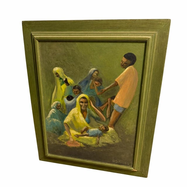 Vintage mid-century modernist oil painting depicting an African family scene, signed G. Schloss. Strong figural...