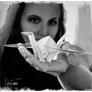 1000 Cranes by Vinka Gaparu | Oil on Panel Woman holding a paper crane in her hand. For Sale