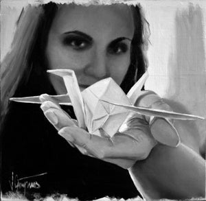 1000 Cranes by Vinka Gaparu | Oil on Panel Woman holding a paper crane in her hand.