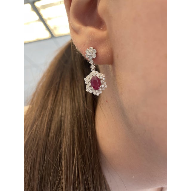3.84ctt Oval Burmese Ruby & Diamond Drop Necklace 18-Karat White Gold, Pair For Sale - Image 4 of 4