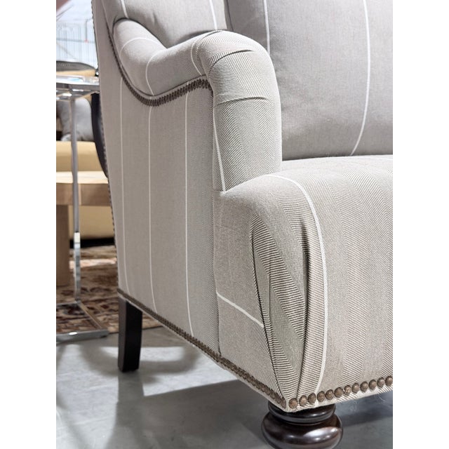 Light Gray Late 20th Century Pair of Bassett Neutral Pinstripe Linen Nailhead Accent Chairs With Casters For Sale - Image 8 of 11