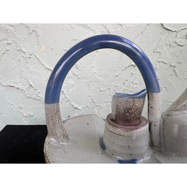 Ceramic Mid-Century Studio Art Pottery Pouring Vessel – Blue & Beige Stoneware Cruet Form For Sale - Image 7 of 11
