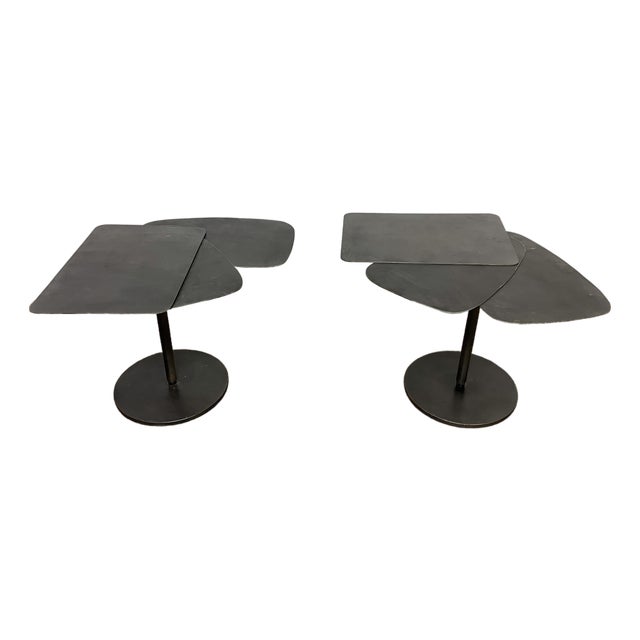 Manner of Pierre Chareau Bench Made Steel Fan Side Tables - A Pair For Sale