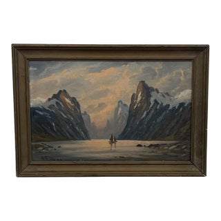 Vintage Signed K. Fjeilberg Mountain Landscape Painting With Sailboats in Gilt Wood Frame Possibly 1930s Norway. For Sale