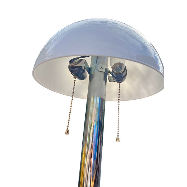Vintage Mid Century Modern Mushroom Style Dome Table Lamp in Chrome White top with chrome and mirror/black base Plug in