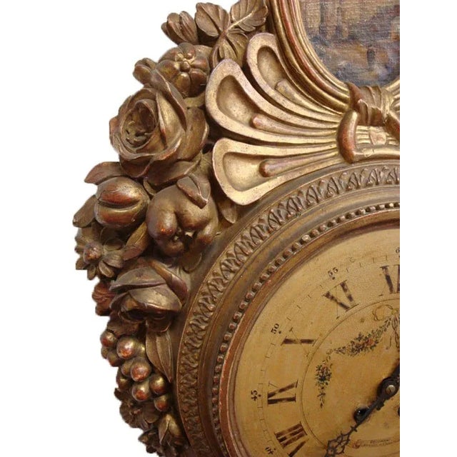 Late 18th Century 18th Century French Louis XVI Carved Giltwood Wall Clock With Oval Painting For Sale - Image 5 of 9