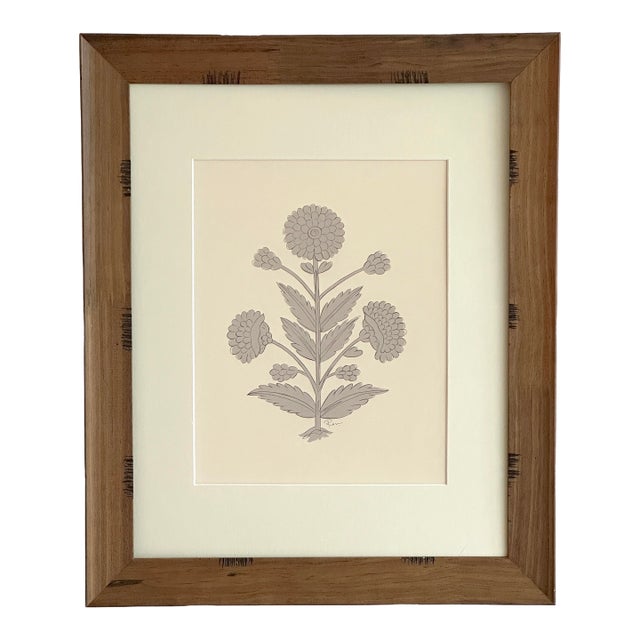 Hand-Painted Jaipuri Gray Floral Motif Painting in a Pinewood Frame For Sale