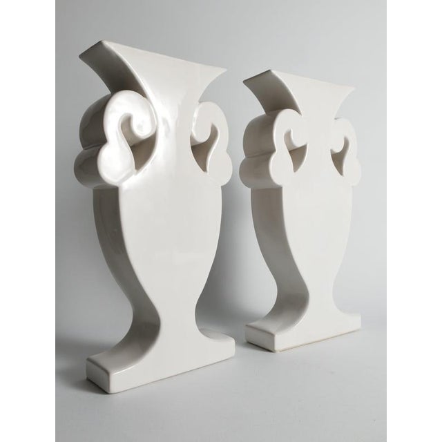 Ceramic Vintage Flattened White Ceramic Urn Vases, 1980s, Set of 2 For Sale - Image 7 of 14