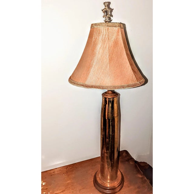 Signed Mid-Century Artillery Shell Lamp With Equally Interesting Shade and Finial For Sale - Image 10 of 11