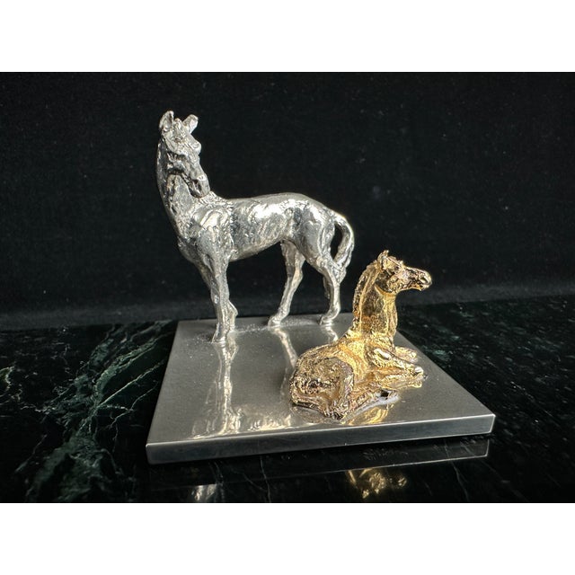 Traditional Late 20th Century Silver and Gold-Tone Horse and Foal Figurine on Base For Sale - Image 3 of 11