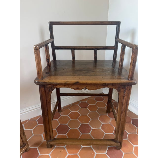 Chinoiserie Early 20th Century Pair of Chinese Hardwood Low-Back Armchairs For Sale - Image 3 of 6