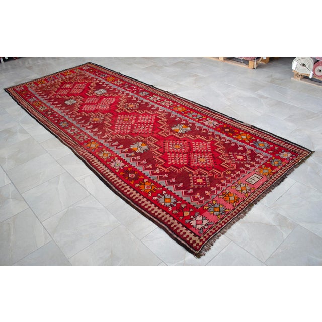Brick Red 1940s Antique Turkish Rug Kilim Handmade Wide Runner - 4′11″ X 12′5″ For Sale - Image 8 of 17