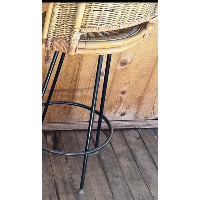 1960s 4 1960s Wicker/Bamboo/Wrought Iron Swivel Stools For Sale - Image 5 of 8