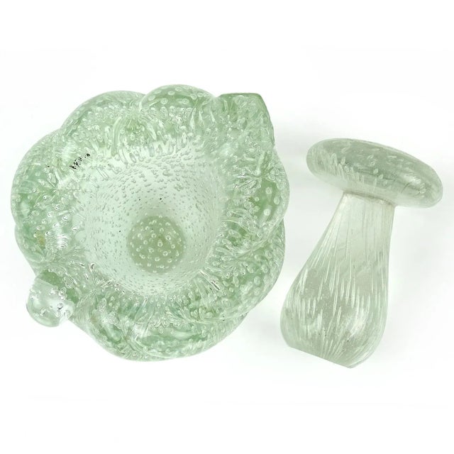 Mid 20th Century Murano Leaf Shape Mortar and Pestel Ashtray Set Art Deco Clear Control Bubbles Italian Art Glass For Sale - Image 5 of 7
