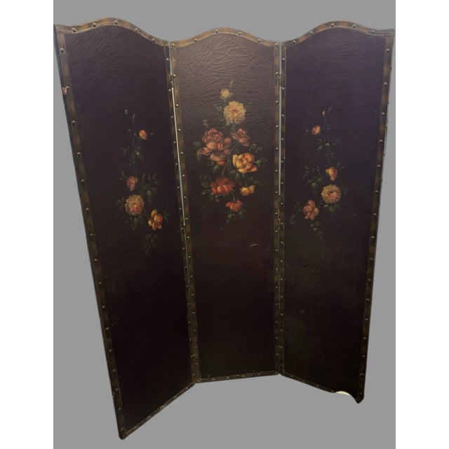 Antique Hand Painted Floral Decorated Folding Leather Dressing Screen For Sale - Image 9 of 9