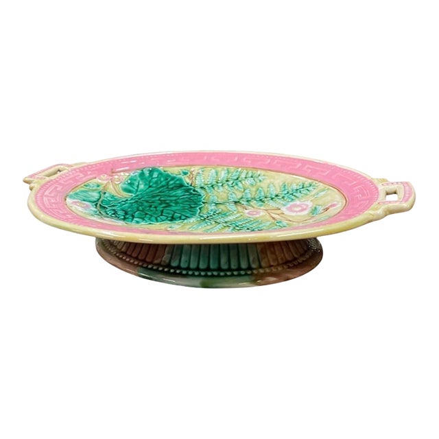 Antique Victorian Majolica Oval Pedestal Dish With Botanical & Greek Key Motif For Sale