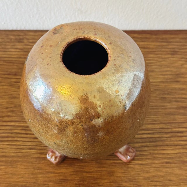 Vintage Hand Thrown Footed Pottery Vase in Iridescent Glaze Measures approx: 5.5H x 4.5D Please visit my other listings...