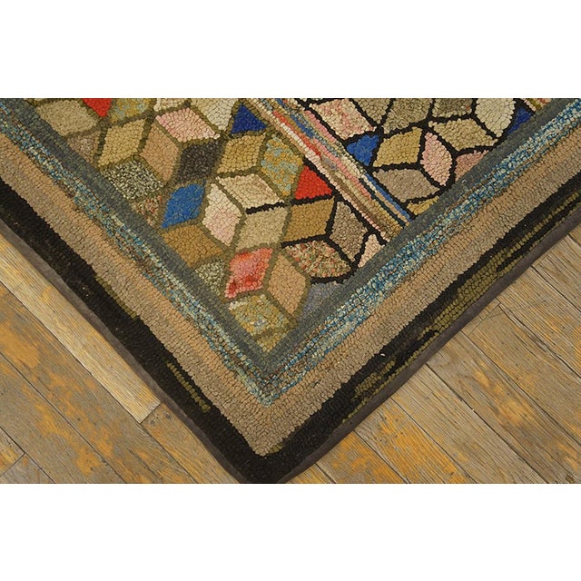 1930s 1930s Multicolor Diamond Folk Art Antique American Hooked Rug 3'6" X 5'0" Handknotted Wool Carpet For Sale - Image 5 of 5