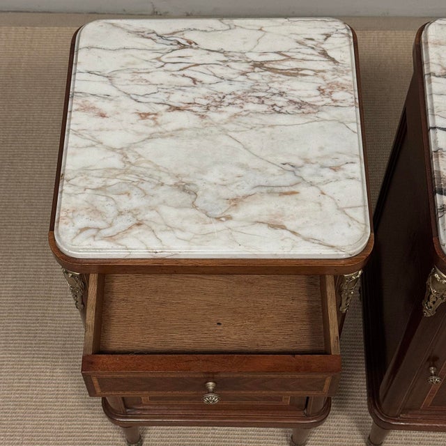 Pair of Antique French Louis XVI Marquetry Marble Top Nightstands ~ End Tables For Sale - Image 17 of 18