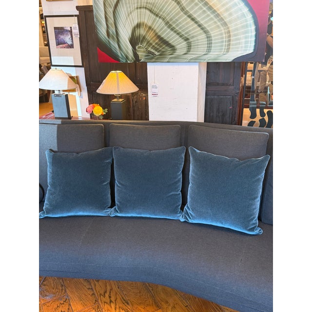 Design Plus Gallery presents a Set of Three Custom Design Vintage Blue Velvet Pillows. Each pillow is covered in a deep...