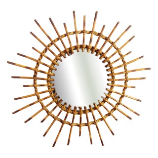 Rattan Framed Sunburst Mirror, 1970s For Sale