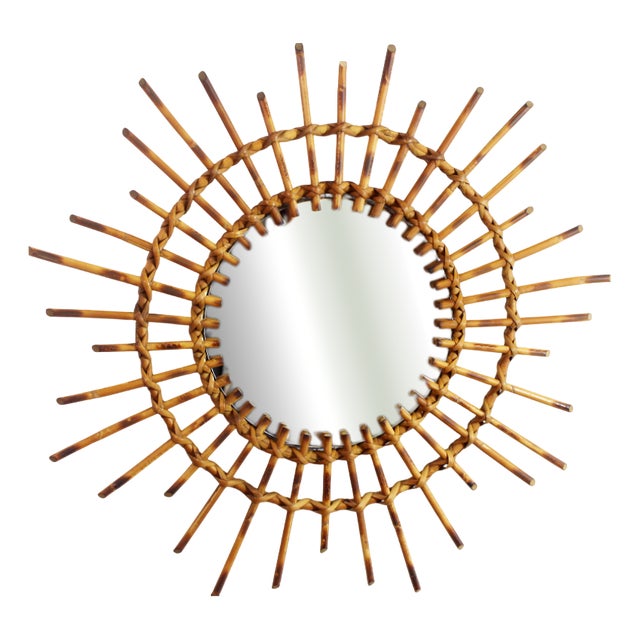 Rattan Framed Sunburst Mirror, 1970s For Sale