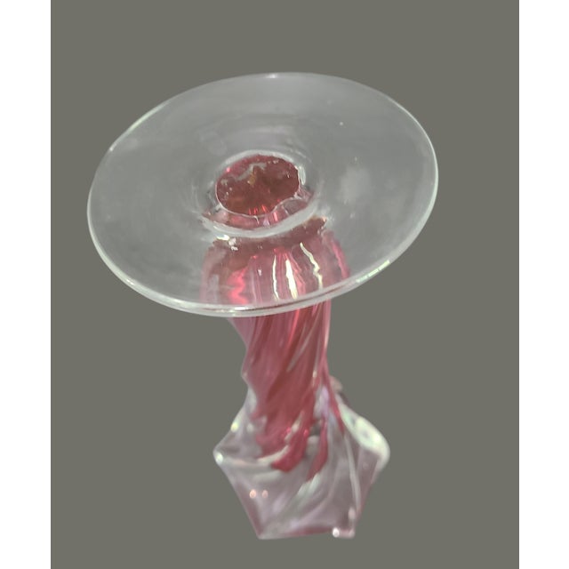 Late 20th Century Late 20th Century Italian Art Glass Pink Cranberry & Clear Candle Pedestal Stand For Sale - Image 5 of 7