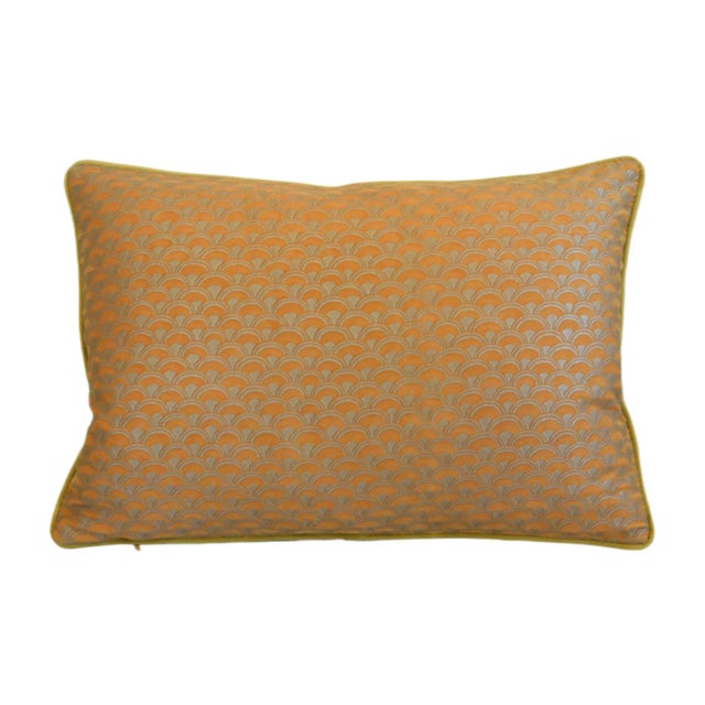 Custom-tailored pillow in Italian designer Mariano Fortuny's premium cotton fabric called "Papiro” in a gold and cream...