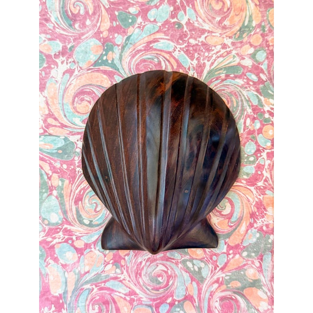 Lovely heavy vintage coastal clam shell sculpture carved from Ironwood. Beautiful gleaming rich tone to the wood with nice...