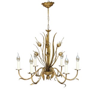 Mid-Century Spanish Gilt Tôle Botanical Six-Light Chandelier, 1950s For Sale