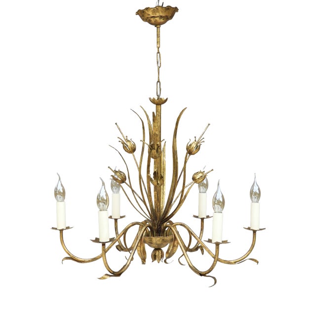 Mid-Century Spanish Gilt Tôle Botanical Six-Light Chandelier, 1950s For Sale