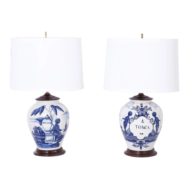 Pair of Antique Dutch Blue and White Porcelain Spice Jar Table Lamps For Sale