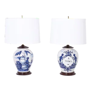 Pair of Antique Dutch Blue and White Porcelain Spice Jar Table Lamps
