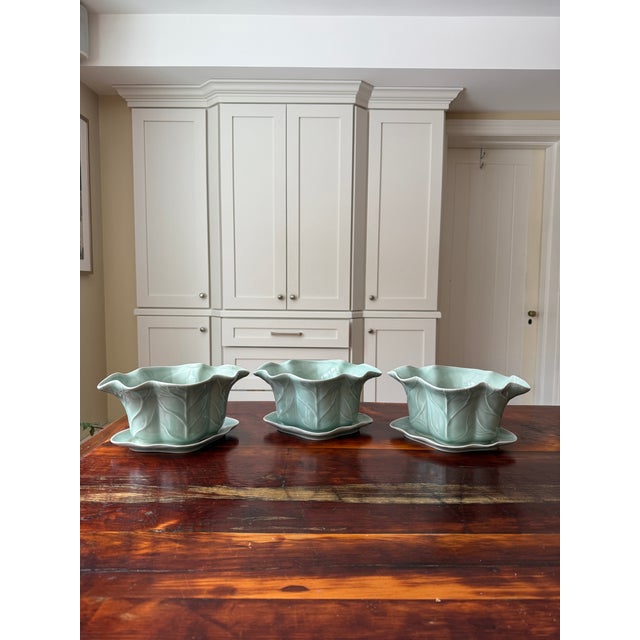 Beautiful Set of 3 Vintage Chinese Longquan Celadon Cabbage Leaf Planters with Underplates, c. Mid-20th Century. These...