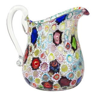 Murano Fratelli Toso Vintage Millefiori Flower Star Mosaic Italian Art Glass Midcentury Pitcher Vase For Sale