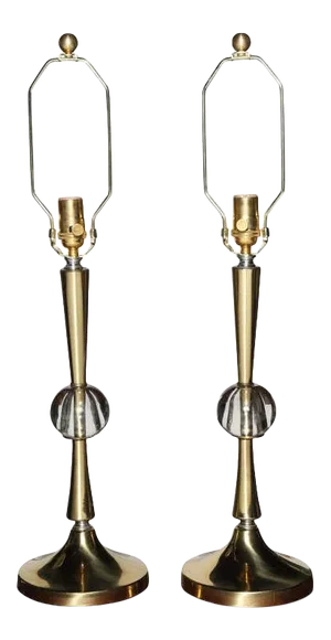 1950s Hollywood Regency Fluted Brass and Crystal Ball Table Lamps - a Pair