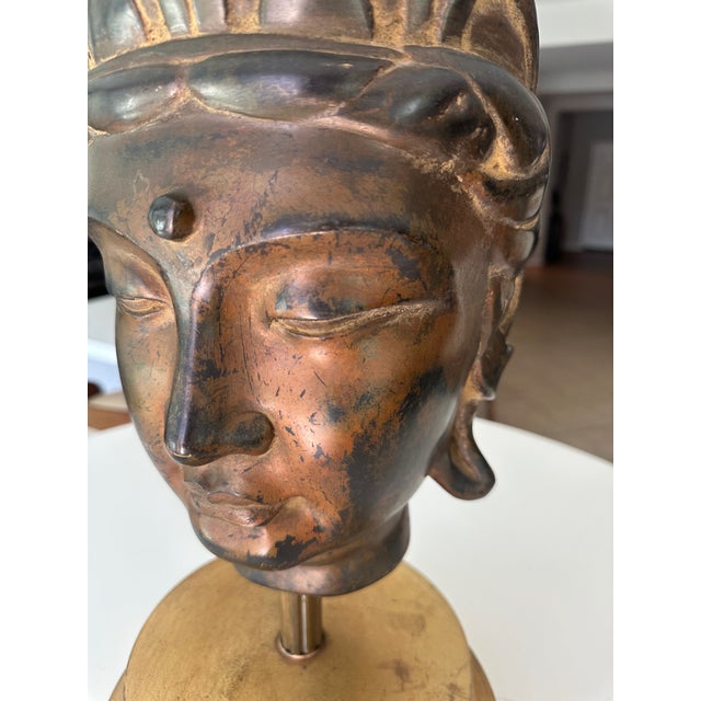Vintage Gilt Bronze Bust Giltwood Stand Buddhist Deity Kannon Bosatsu For Sale - Image 9 of 17