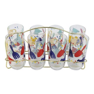 Late 20th Century Garden Tools Highball Glasses With Brass Tote Carrier- Set of 8 For Sale