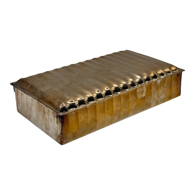 Vintage Ralph Lauren Hammered Metal & Wood-Lined Cigar Case — Ribbed Lid Box For Sale