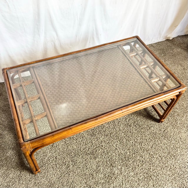 Boho Chic Boho Chic Rattan and Wicker Inlaid Glass Top Coffee Table For Sale - Image 3 of 10