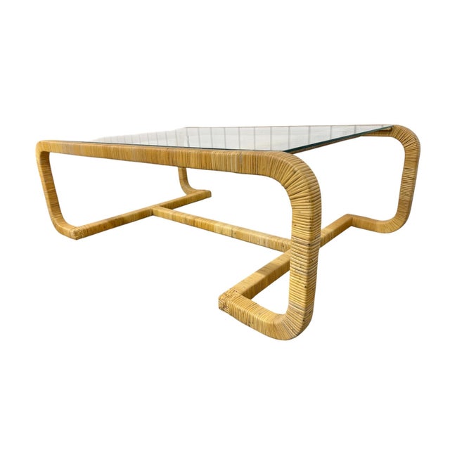 Mid-Century Modern Mid-Century Modern Rattan Wrapped Glass Top Coffee Table For Sale - Image 3 of 5