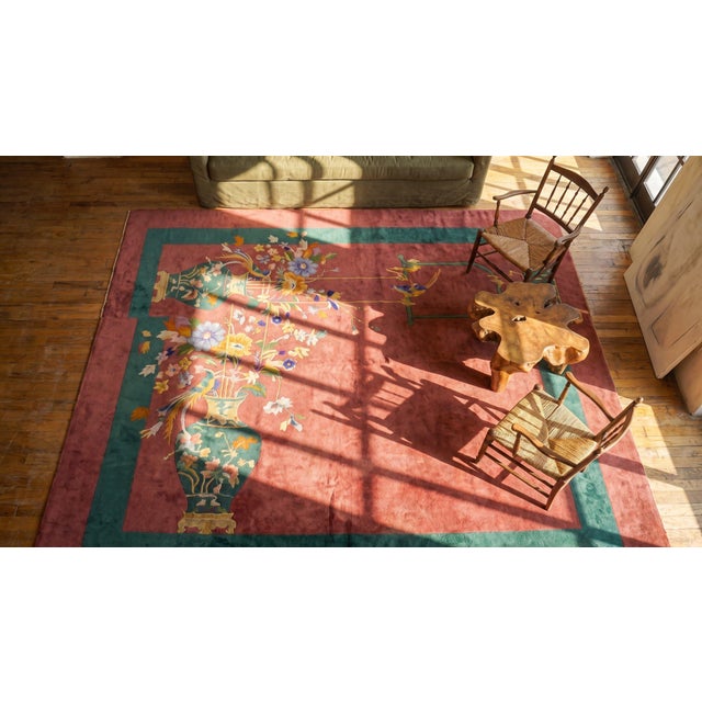 1920s Pink Blush Floral Modern Antique Chinese Art Deco Rug 8'9" X 11'6" Handknotted Wool Carpet For Sale In New York - Image 6 of 8