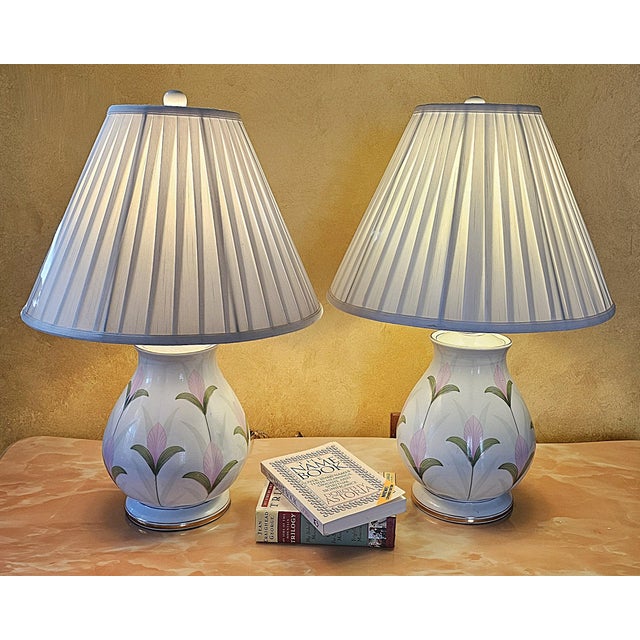 Vintage Floral Ceramic Table Lamps Pair W/ Gold Trim, Hand Painted, Pleated Shades, Hollywood Regency Cottage Decor For Sale - Image 17 of 18