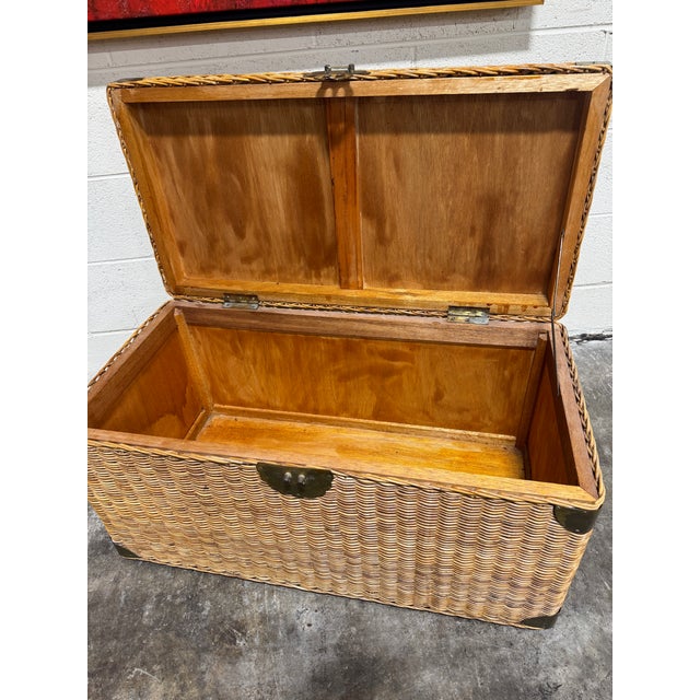 Vintage Boho Wicker & Brass Trunk Coffee Table For Sale - Image 9 of 11