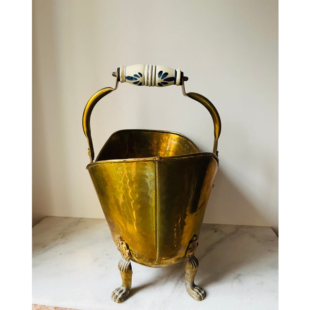 Vintage Brass Bucket With Ceramic Handle Lion Head Claw Feet For Sale - Image 12 of 16