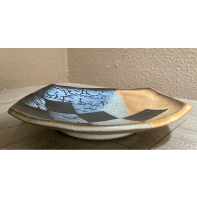 Love this ceramic plate. Unique contemporary design using squares and crackle with a blending of charcoal, blue, light...