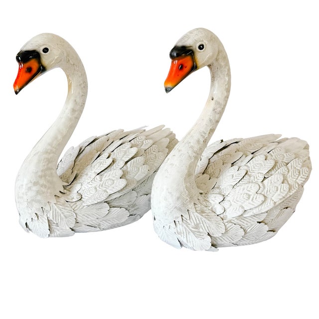 Late 20th Century Shabby Chic White Distressed Sheet Metal Swan Sculptures - A Pair For Sale - Image 17 of 17