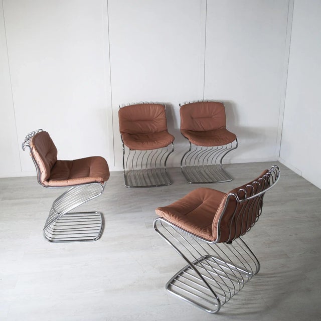 Dining Chairs with Chromed Steel Structure with Leather Seats by Gastone Rinaldi for Rima, 1970s, Set of 4 For Sale - Image 6 of 12